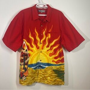 Vintage Ocean Pacific OP Hawaiian Shirt Medium Surf Sunset Beach Red Button Up